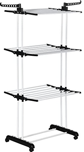 HOMCOM Tendedero Plegable para Ropa con Ruedas Tendedero Vertical de Acero Tipo Torre de 3 Niveles con Alas Plegables y Colgadores Giratorios Carga 70 kg 73x64x177 cm Negro y Blanco