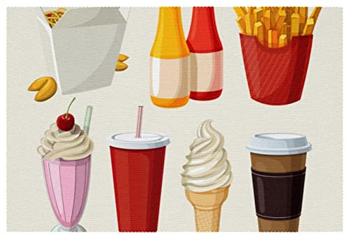 Tischsets 4er Set, Esstisch Tischset, waschbare Tischsets,Hamburger Hot Dog Fries Ice Cream Donut Switches