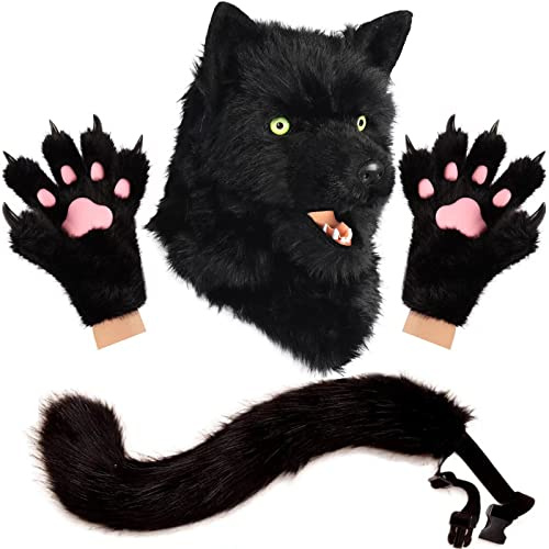 hbbhml Neuheit Maske Kunstfell Schwanz Kralle Handschuhe Halloween Party Dress Up Wolf Hund Tier Kopf Masken Anzug