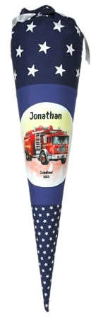 Schultüte aus Stoff blau mit Name Feuerwehr Zuckertüte 70cm oder 85cm marineblau