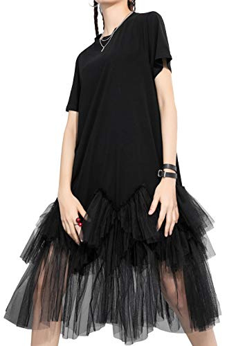 ellazhu Damen Kurzarm Casual Rundhals Patchwork Sommerkleid Tüll Kleid Oversized T-Shirt Kleid GY2266