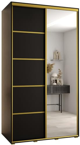 MEBLE KRYSPOL Davos 5 140 Schrank mit Zwei Schiebetüren für Schlafzimmer - Moderner Schrank mit Spiegel, Kleiderstange und Regalen - 235,2x140x60 cm - Schwarz Schwarz Gold