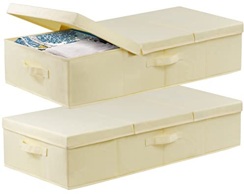 Underbed Storage, 2 Pack Large Under Bed Storage Box with Lids, Foldable Under Bed Clothes Storage Box W/ Handle, Under Bed Storage Organiser Drawer Containers for Clothes Blankets Shoes Pillows