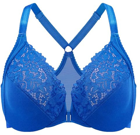 Delimira Women's Front Fastening Bra Racer Back Lace Plus Size Non Padded Underwired Sparkle Blue 40D