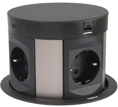 LEGRAND, Incara Tower 120 654982 Prise encastrable avec système de levage Multiprise de table, 2 ports USB-A, 2 ports USB-C, 4 prises, 2 fiches P+E, profondeur d'encastrement : 181,7 mm, 250 V, 15 W,