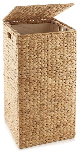 Casafield Cesta de lavandería con tapa y bolsa extraíble – natural, tejido de jacinto de agua, cesta de lavandería cuadrada para ropa y toallas