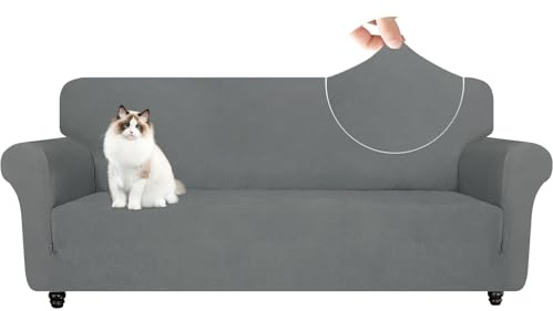 YSTELLAA Stretch Sofa Überzug 3 Sitzer, Elastisch Sofabezug Mit Armlehnen, Jacquard Sofaschoner rutschfest, Universal Sofa Cover Moderne, Couchüberzüge Sofahusse Für Katze Hund, Hellgrau