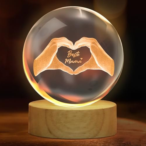 TUZELIYA Muttertagsgeschenk für Mama - 3D Glas Kristall mit Holzsockel Gravur Herz aus Zwei Händen und Text Beste Mama - Geburtstagsgeschenk für Mama Frauen Muttertags Geschenke