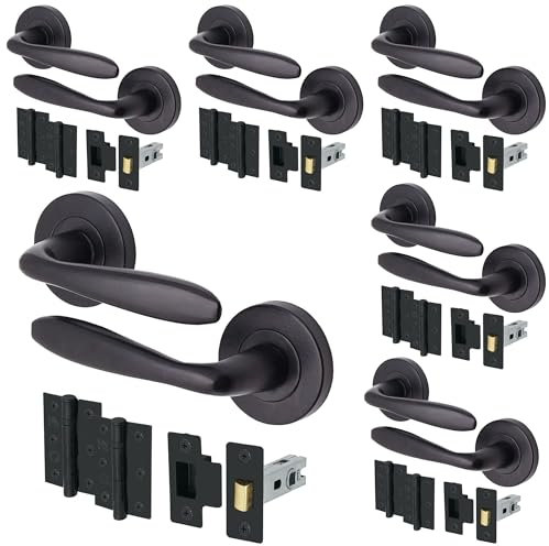 EAI Black Door Handle Latch Set - Pack of 6 | Round Internal Door Handles, Latch (64mm), Hinges (76mm)| Matt Black Lever on Rose
