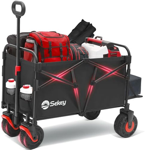 Sekey 332L Folding Festival Trolley with Expandable Tailgate, Patented Design Beach Cart - Diamond Collapsible, Wide All-Terrain Wheels, Brake, 350LB Load Capacity Heavy Duty Wagon for Camping, Black