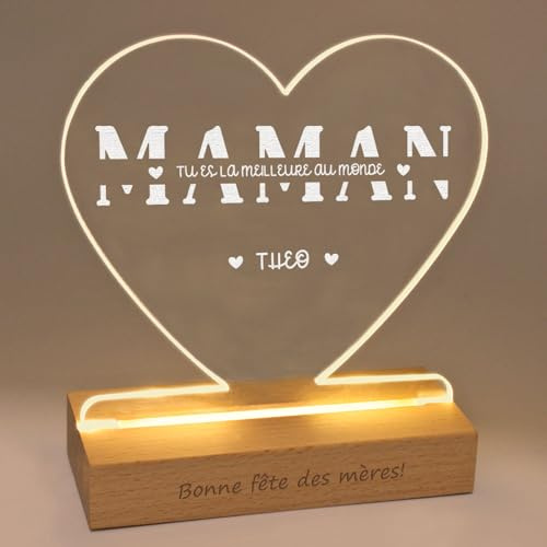 LASERO' Personalisierte Lampe Herzform für Muttertag – Bilderrahmen Herz mit “Mama” Gravur und Holz-Basis – Geschenk Mama Geburtstag, Personalisiert Herz Lamp mit Namen der Kinder
