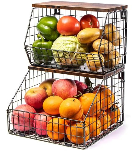 Vegetable Rack, Fruit Basket for Kitchen,Countertop, Wall Mounted Vegetable Rack for Kitchen, Hanging Vegetable Baskets, Black Wire Vegetable Basket,Stackable Fruit And Veg Storage for Onion,Potato
