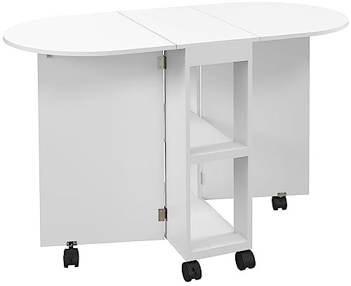 HOMCOM Mobile Folding Dining Table, Drop Leaf Table for Small Spaces with 2-tier Shelves, Small Kitchen Table With 6 Wheels, White