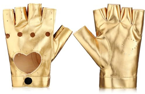 Sintege Punk Half Handschuhe Frauen Punk Half Finger PU Leder Performance Handschuhe Aushöhlen Fingerlose(Gold)