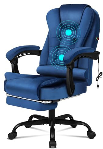 ELFORDSON Massage Office Chair with Footrest 2 Points Vibration, Office Desk Chairs for Heavy People, Reclining Chairs Ergonomic Executive Chair, Height Adjustable, 360° Swivel, Velvet, Blue
