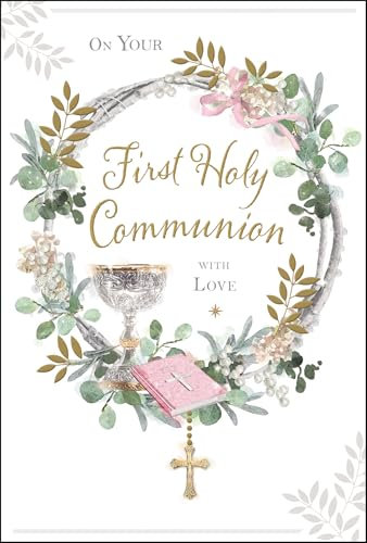 Jonny Javelin First Holy Communion Congratulations Card for Girls or Women - Female Communion Congratulations Card with Artistic Chalice, Bible and Wreath Design and Embossed Foil Details