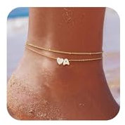 ZHESHY Bracelet Cheville Femme Initiales À Cœur Bracelets De Cheville14k Gold Double Chaînes Imperméable Réglable Avec Zircones Chaine De Cheville Ensemble Pour Femmes Été Bijoux Fête Sur La Plage