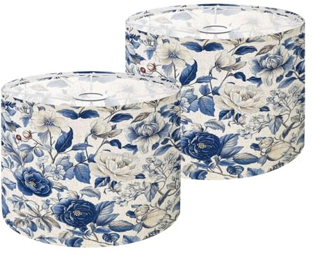Bloom Lampenschirm im Vintage-Stil, nahtloses Muster, Frühlingsblumen, blau-weiß, Trommel-Lampenschirm, Set mit 2 Stück - 27,9 x 27,9 x 22,9 cm, Vintage-Ersatz-Stoff-Lampenschirm für Tischlampen