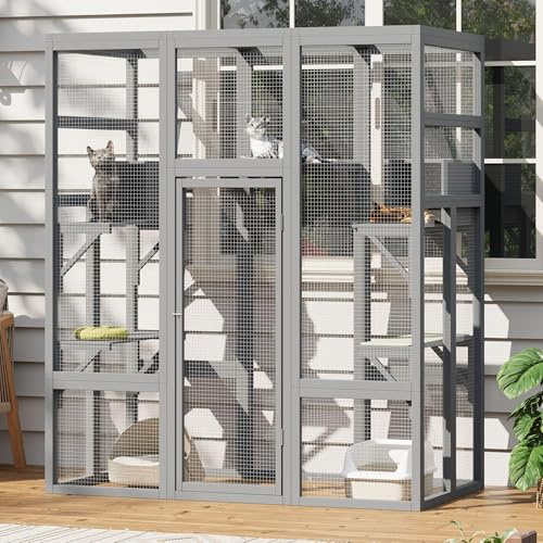 2-in-1 Walk-in Catio Outdoor Cat Enclosure,Outdoor Indoor Large Cat House,Cat Cage 7 Platforms & 2 Resting Box with Waterproof Roof,Accommodate Up to 6 Cat（180 * 108 * 80cm）