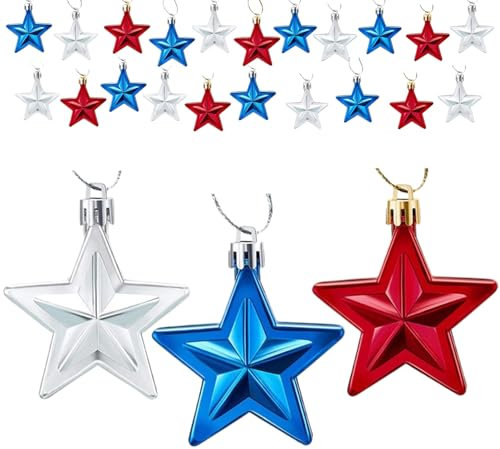 4th of July Tree Decorations, 24PCS Red White and Blue Memorial Day Decorations, 3D Patriotic Hanging Stars for All Seasons Home Party Decor