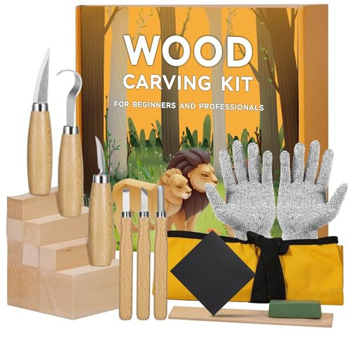Kit de Tallado de Madera 19 en 1, Kit de Cuchillos de Madera para Principiantes incluye 8 Bloques de Tallado de Tilo, 6 Cuchillos para Tallar para Tallar, Guantes Resistentes a Cortes, Bolsa de Lona