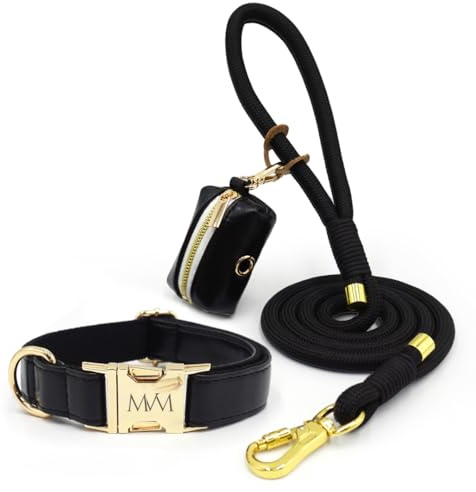 MVM Hundehalsband Set Leine Kotbeutelspender Kunstleder Halsumfang 25-60 cm