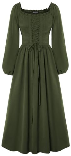 SCARLET DARKNESS Women Renaissance Corset Dress High Waist Peasant Dress with Pockets Army Green M