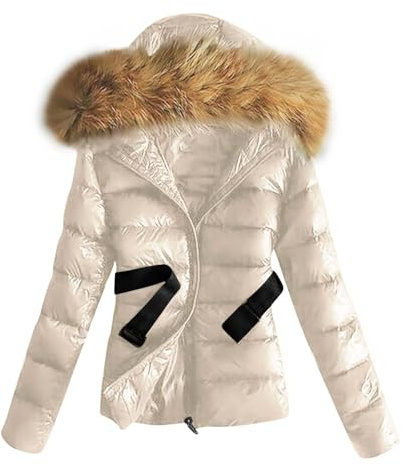 Guhmomh Puffer Jacke Damen Steppjacke Warm Daunenjacke Winter Kapuzenjacke mit Fellkapuze Glänzende Winterjacke Winddichte Parka Daunenmantel Mode Wanderjacke Wintermantel Outdoorjacke mit Gürtel