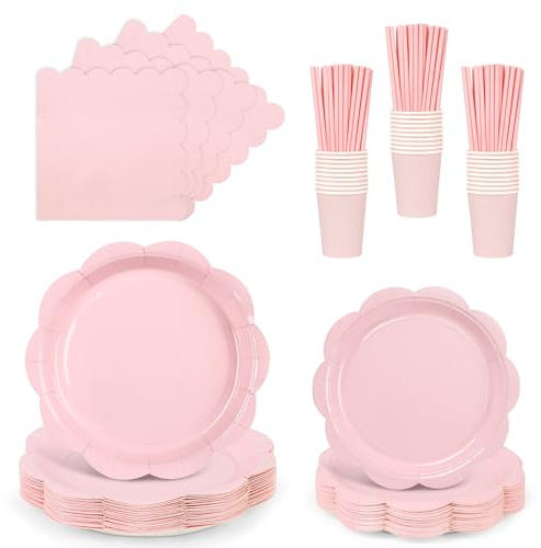 ZUQMZUQ Pink Paper Plates and Napkins Set, Pink Party Tableware Set Include Scalloped Plate, Cocktail Napkin, Cups, Straws Party Supplies for Baby Shower, Wedding, Birthday Party