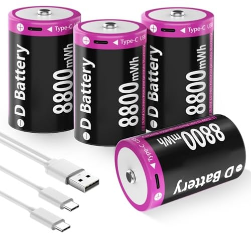 Batteria ricaricabile D, 8800 mWh, ad alta capacità, 1,5 V, celle D, al litio, ricarica rapida tramite USB-C, batteria di ricambio LR20, tipo D, con cavo di ricarica (4 pezzi)