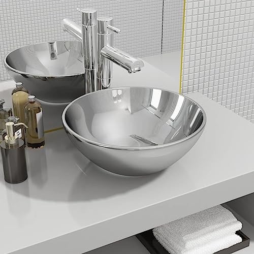 Rundes Waschbecken 32,5x14 cm, Keramik Silber, Aufsatzwaschbecken für Badezimmer, Waschtisch, kleines Einzelbecken