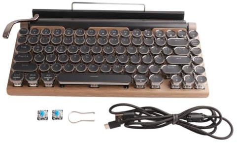 YAJBHnzpt Mechanical Keyboard 83 Vintage Wireless Typewriter Style Metal Round Blue Switch Compatible With 5420 (wood)
