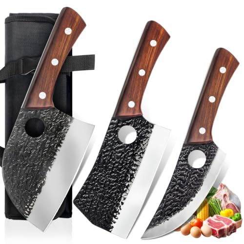 MOSFiATA Juego de Cuchillos de Carnicero Set Cuchillos de Cocina con Bolsa | Acero de Alto Carbono, Cuchillo Chef Serbios, Cuchillo Hueso, Cuchillo Vikingo, Bolsa Enrollable, para Carnicería Restaurante