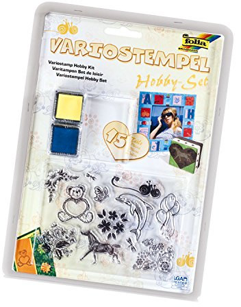 folia 30020 - Variostempel Set Ganzjahr, 15 teilig, mit 12 Variostempeln, 2 Farbkissen und 1 Acrylblock - abziehbare Stempelmotive auf Silikonbasis