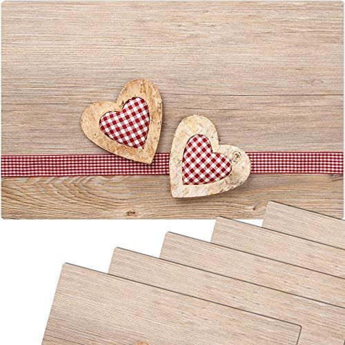 Tischsets 6er als abwaschbare Tischdeko im Landhaus Stil - Platzsets Herzen und Holzoptik braun als Tischuntersetzer in 43 cm - Platzdeckchen als Tischunterlage für Esstisch Wohnzimmer Tisch