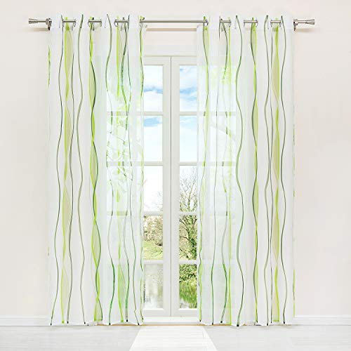 HongYa 1er-Pack Voile Gardine Transparenter Vorhang mit Ösen Wellen Druck H/B 225/140 cm Creme Grün