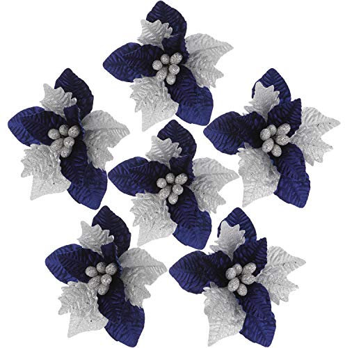 Sea Team 6-Pack Artificial Glitter Poinsettia Christmas Flower Ornaments Tree Decorations, 10-inch, Blue & Silver