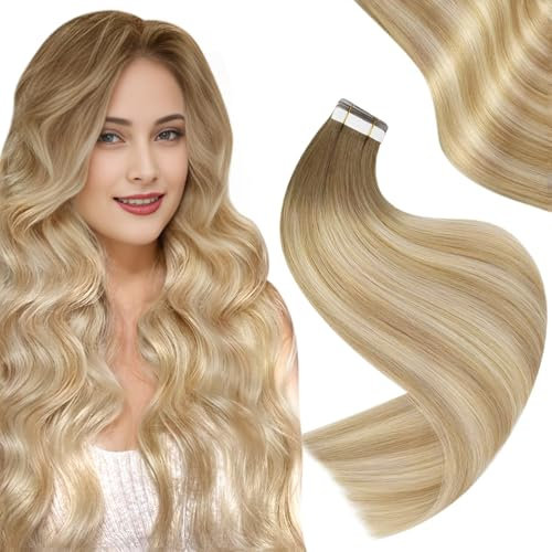 Easyouth Tape in Extensions Echthaar Blond Tape in Extensions Mittelbraun Mix Honigblond und Platinblond Tape in Haarverlangerung Echthaar Remy Balayage 62760 40g 45 cm