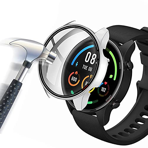 Acadeny Hülle Mit Gehärtetes Glas Displayschutz Kompatibles für xiaomi Mi Watch, 9H Härte 360° Rundum Schutzhülle Ultradünne Schutz PC Case Cover für xiaomi Mi Watch Mit Skala,Silber