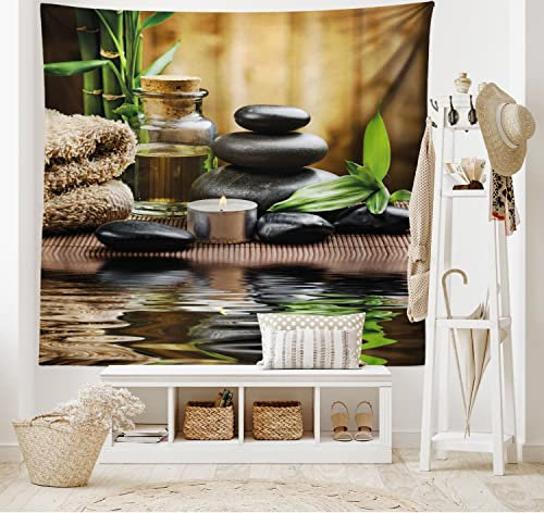 ABAKUHAUS Spa Wandteppich und Tagesdecke, Massage-Steine, aus Weiches Mikrofaser Stoff Wand Dekoration Für Schlafzimmer, 150 x 110 cm, Schwarz Braun und Weiß