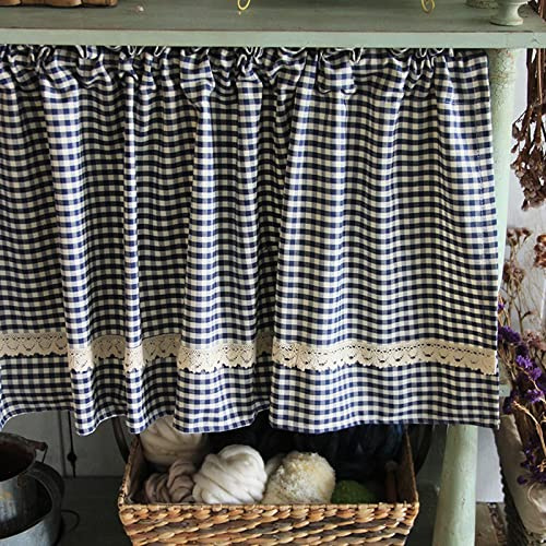 A.Monamour Gardine Scheibengardinen Kurzstores Baumwolle Blau Weiß Kariert Spitze Ländliches Bauernhaus Gingham Kurzvorhang Kurzgardinen Küchengardine Küchenvorhang Volants Küche Fenster Kurz Vorhang