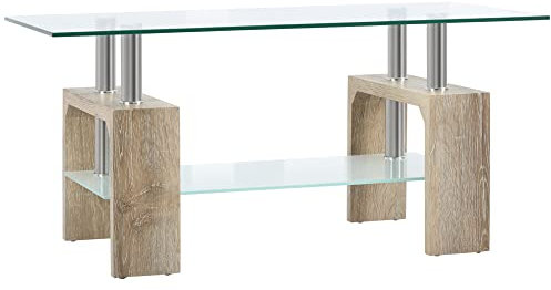 HOMCOM Mesa de Centro Rectangular Mesa Auxiliar de Salón con 2 Estantes de Vidrio Templado Marco de Acero Inoxidable y Patas de Madera Estilo Moderno 90x50x42 cm Natural
