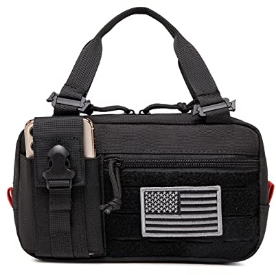 Taxatm Molle Admin Pouch with Laser Cutting Loop,EDC EMT Molle Pouches, Large Capacity Organizer Waist Pouch Include US Flag (Small Black-Include Accessories)
