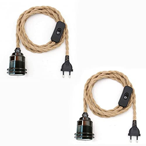 Douille de Lampe E27 Vintage avec Câble et Interrupteur,Suspendue Lustre Corde de Chanvre, DIY Suspension Luminaire Lampe Créative Lumière Pendante Industrielle, pour Maison, Chambre, Bar. (A-2PCS)