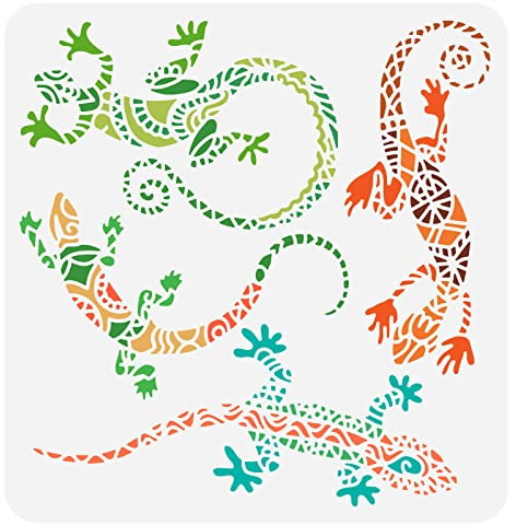 FINGERINSPIRE Geckos Schablone 30x30cm Eidechsen Schablonen Kunststoff AztekenEidechsenMuster Malschablone, Große Wiederverwendbare Eidechsen Schablonen Für DIY Wand Möbel Basteln Dekoration