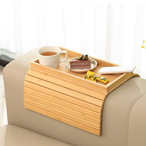 GEHE Bambus-Sofa-Armtablett, Faltbarer Couch-Arm-Tablett, Beistelltisch, Armlehnentische, Getränkehalter für Snacks, Getränke, Bier, Telefon, Steuerung, flexibel und tragbar, rutschfeste Unterseite