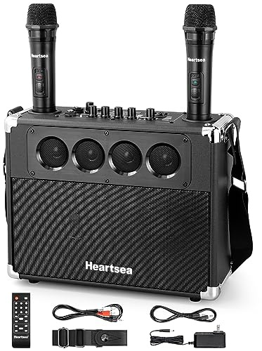 Heartsea Tragbares PA-System mit 2 kabellosen Mikrofonen für Erwachsene, wiederaufladbares Bluetooth-Karaoke-Gerät zum Singen von Partys im Freien, USB-/SD-Lesegerät, TV/Computer/TWS