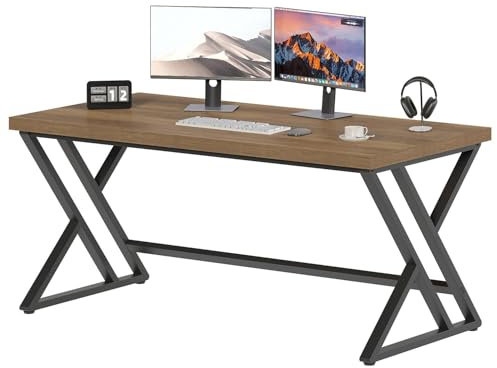 LVB Industrial Home Office Desk, Wood Computer Executive Desk for Student, Modern Writing Study Table for Living Room Bedroom, Rustic Metal Computer Gaming Work Table with Storage, 55 Inch, Rustic Oak