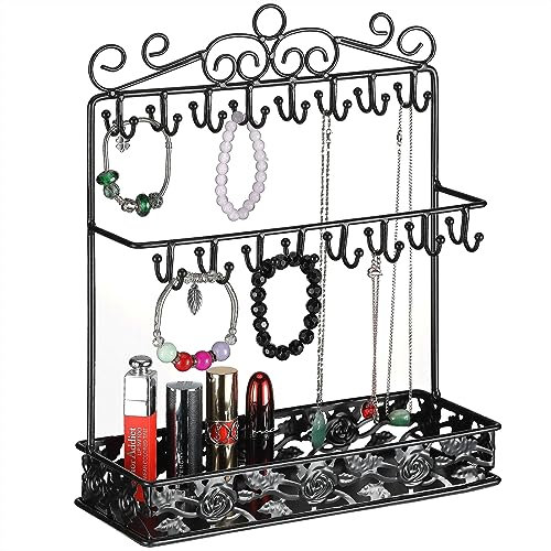 MOCOME Schmuck-Organizer-Ständer aus Metall, Schwarz, mit 32 Schmuckhaken und Ringablage
