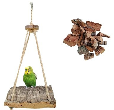 Vogelschaukel, Korkschaukel + gratis Tüte Knabberkorkrinde, vier Größen, Wellensittich und andere kleine Vögel (S)